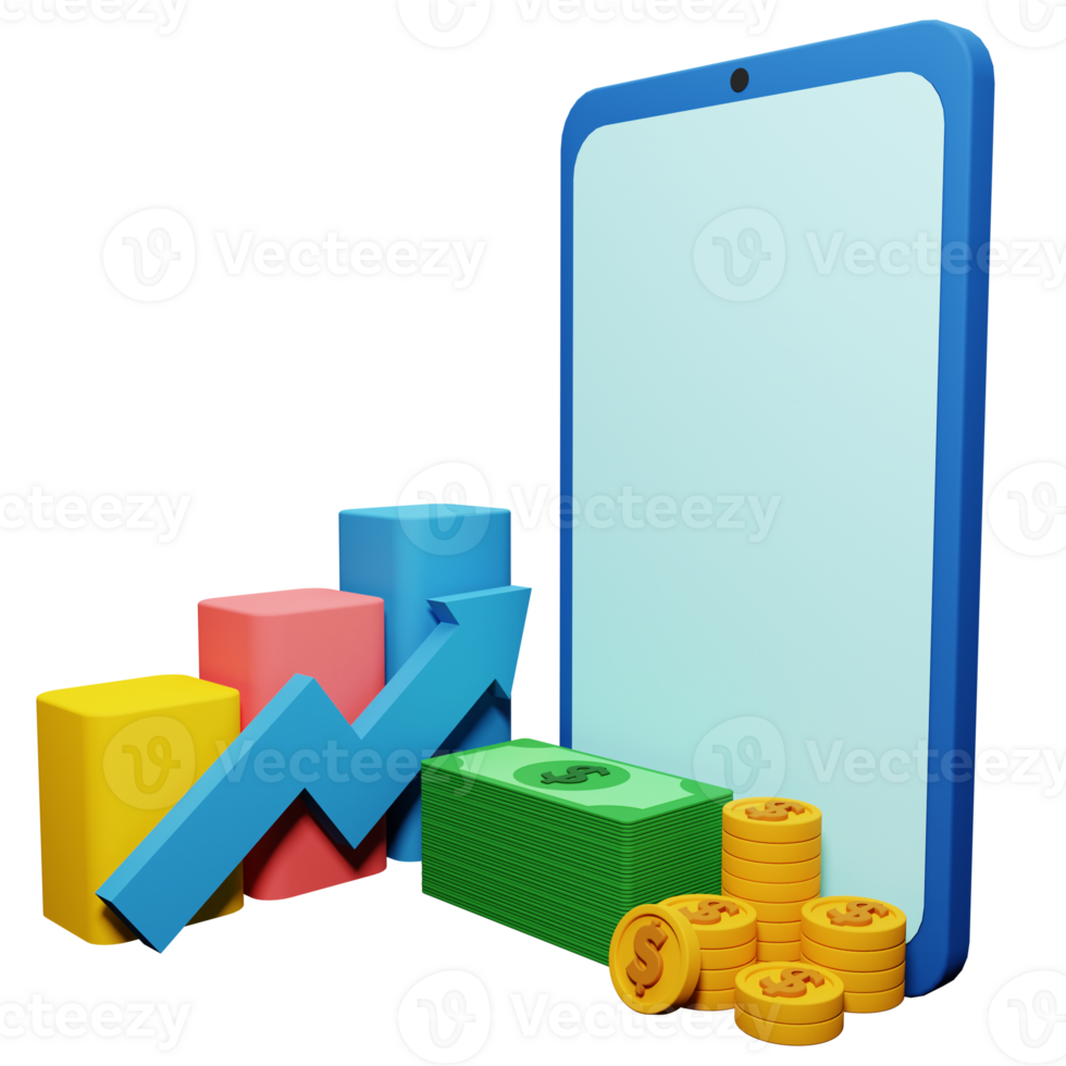 PNG file of 3d growth stock chart with coins investing icon and mobile phone