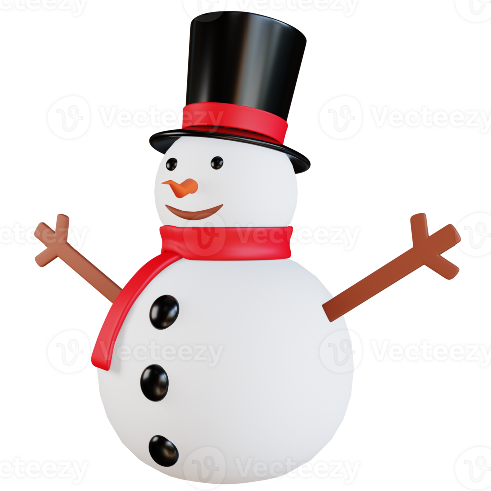 PNG file of 3D snowman with red scarf wearing a black hat and wooden hands