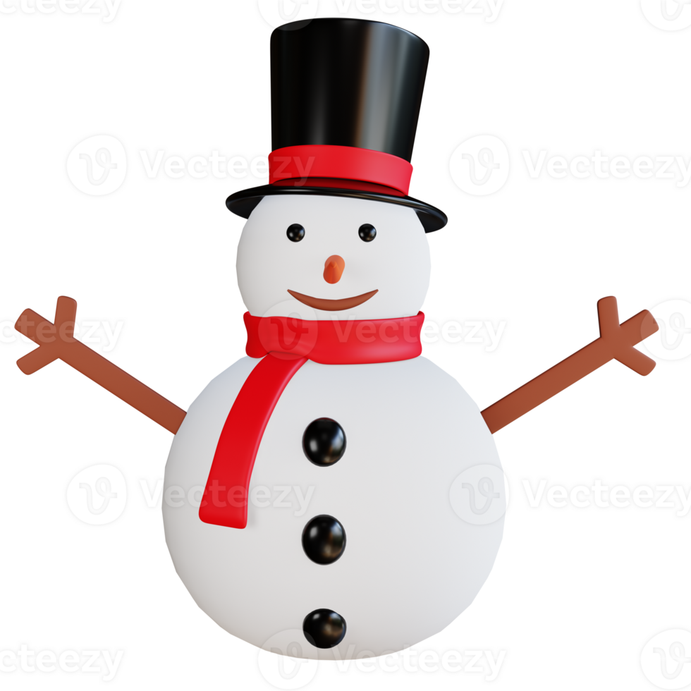 PNG file of 3D snowman with red scarf wearing a black hat and wooden hands