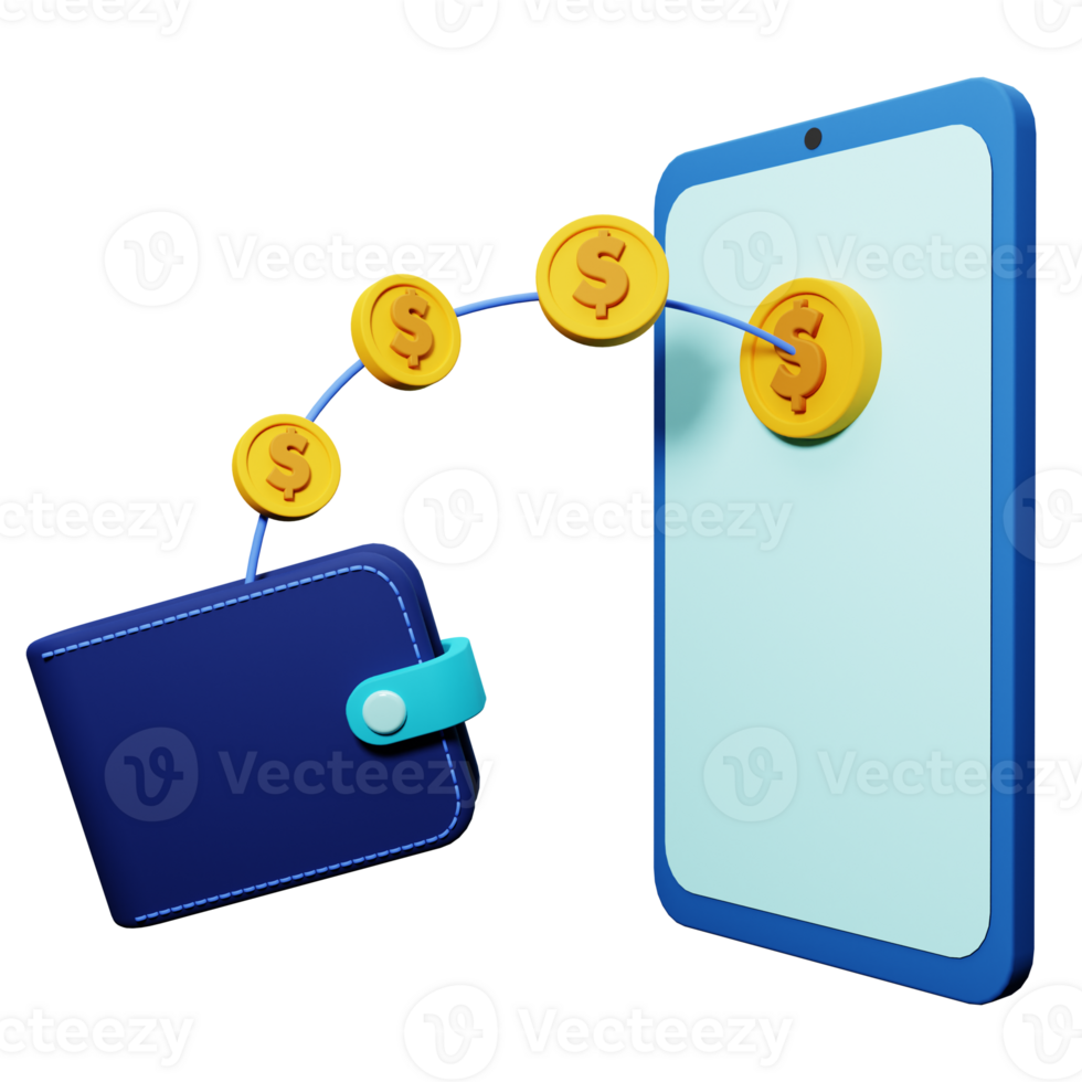 PNG file of 3d icon of online money transfer from wallet to account in mobile phone