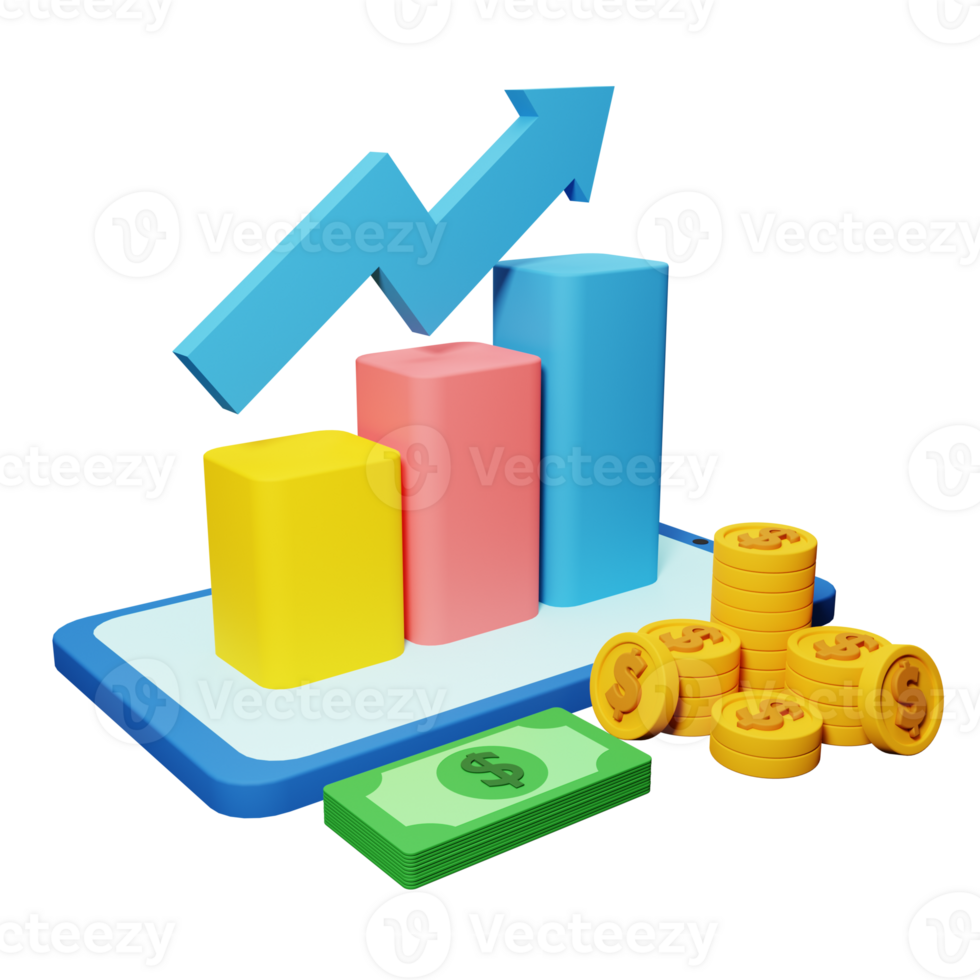 png fichier de 3d croissance Stock graphique avec pièces de monnaie investir icône et mobile téléphone