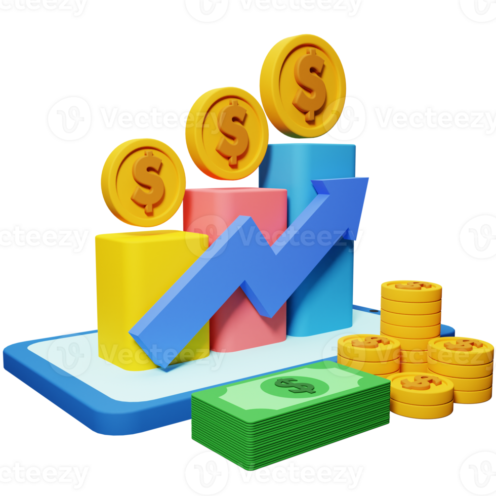 png archivo de 3d crecimiento valores gráfico con monedas invertir icono y móvil teléfono