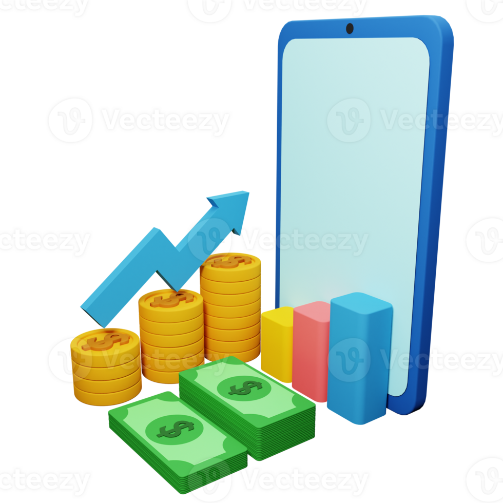 PNG file of 3d growth stock chart with coins investing icon and mobile phone