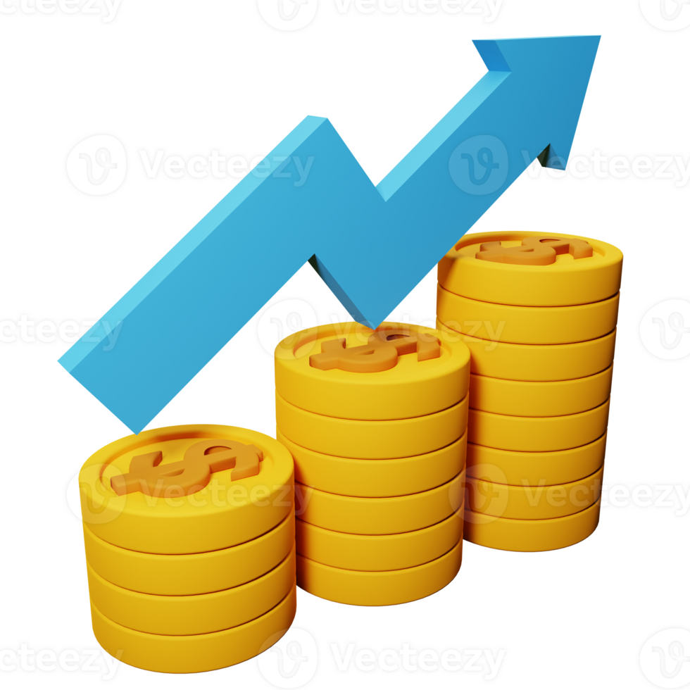 PNG file of 3d growth stock chart with coins investing icon