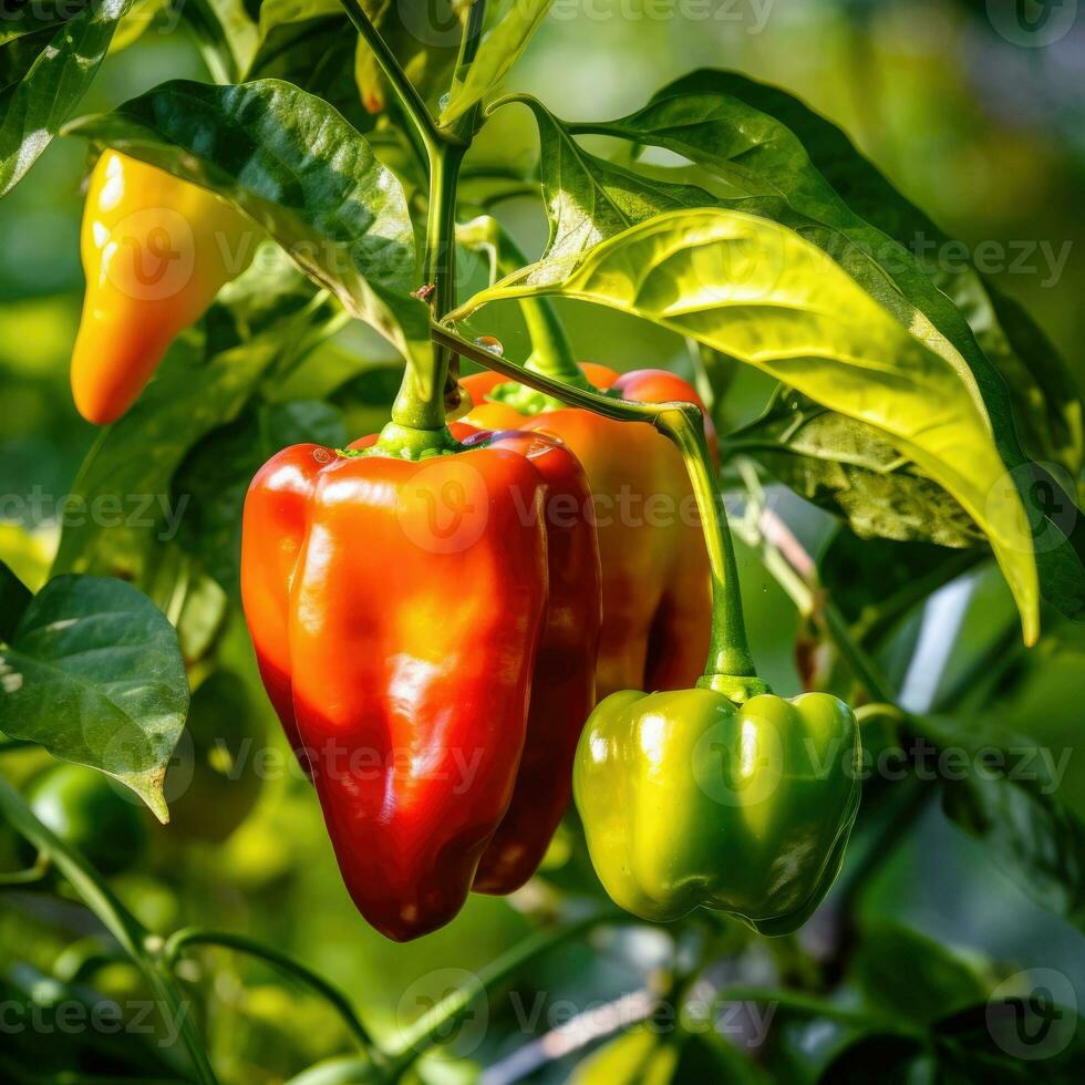 Fresh bell peppers hanging on branch, AI Generated photo