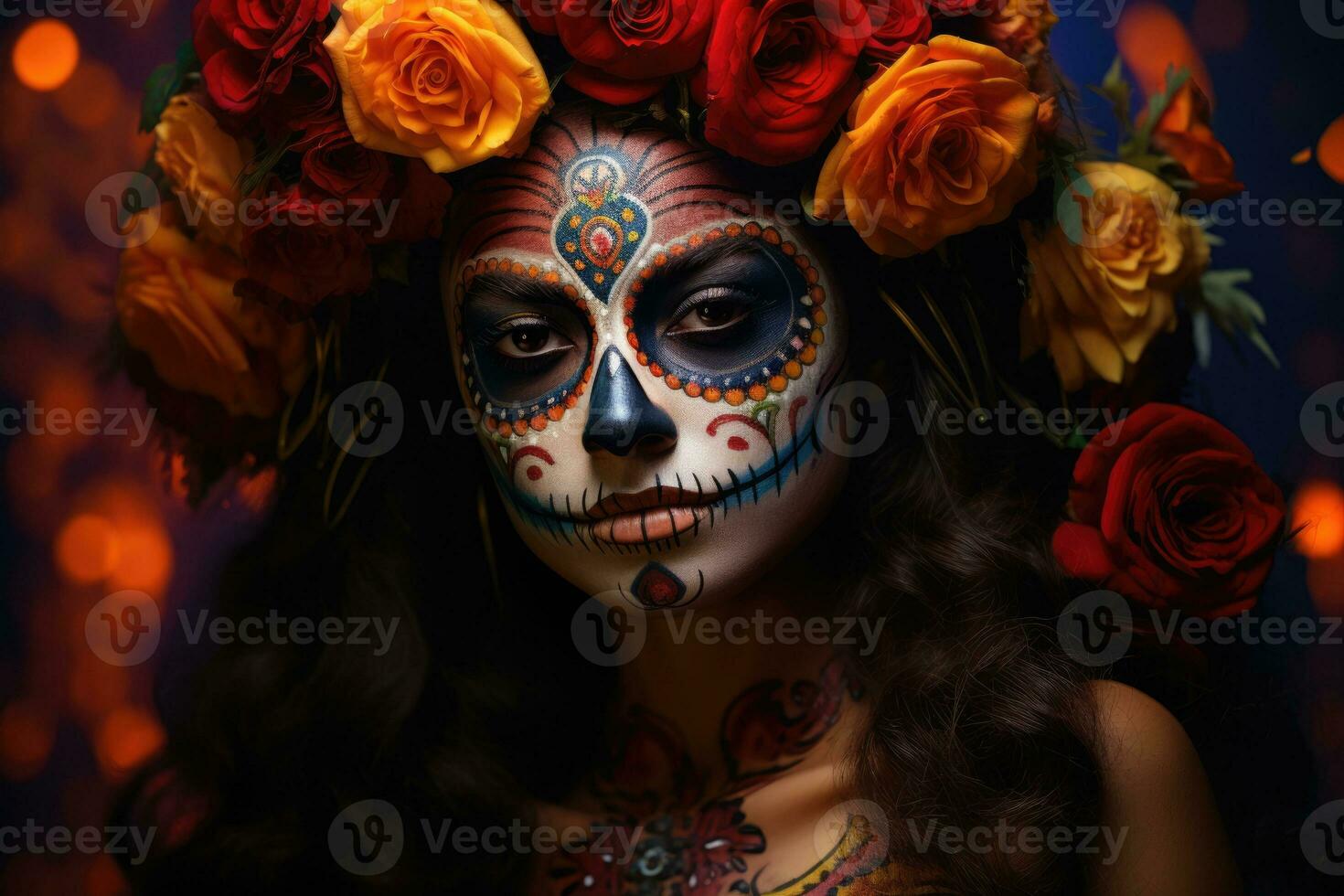 Dia de los muertos. Day of The Dead. Woman with sugar skull makeup on a floral background. AI Generated photo