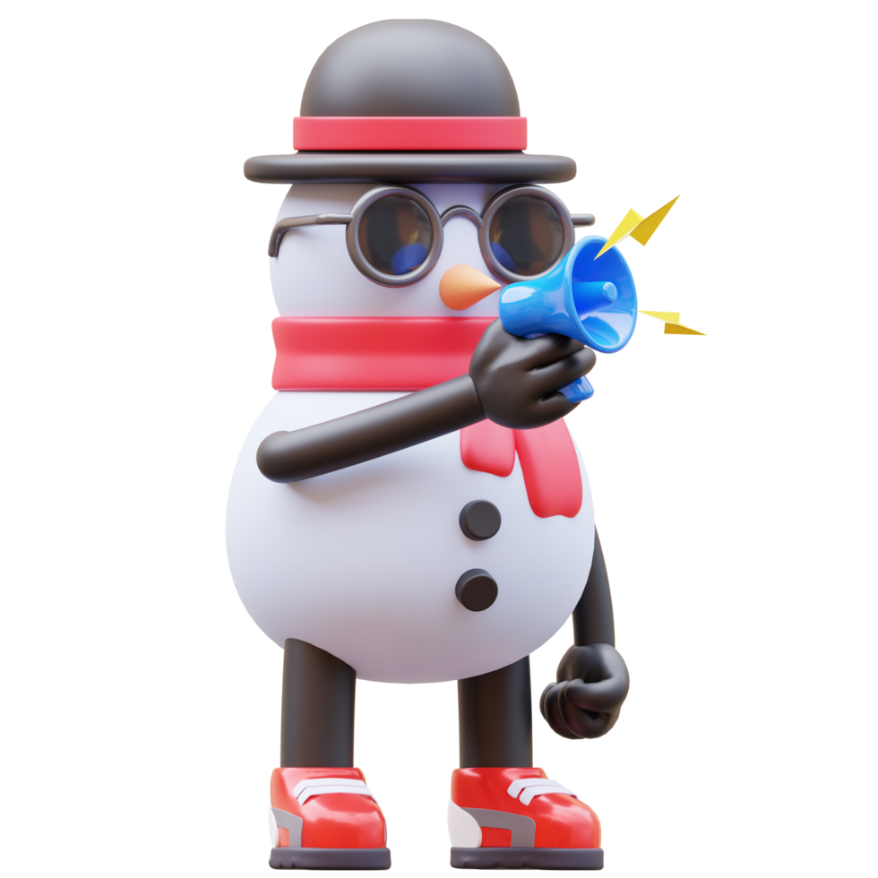 3d bonhomme de neige personnage en portant mégaphone pour commercialisation png