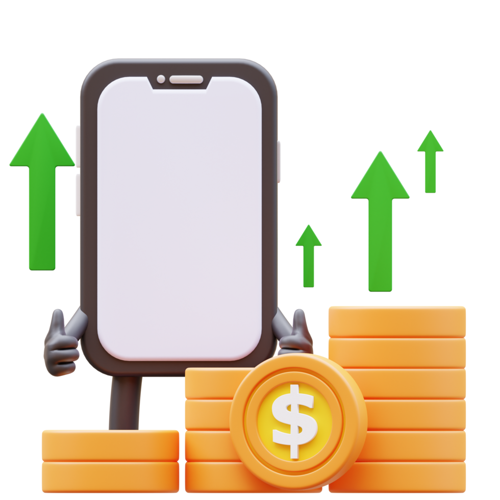 3D Money Coin Character Showing Money Graph Rising Up png