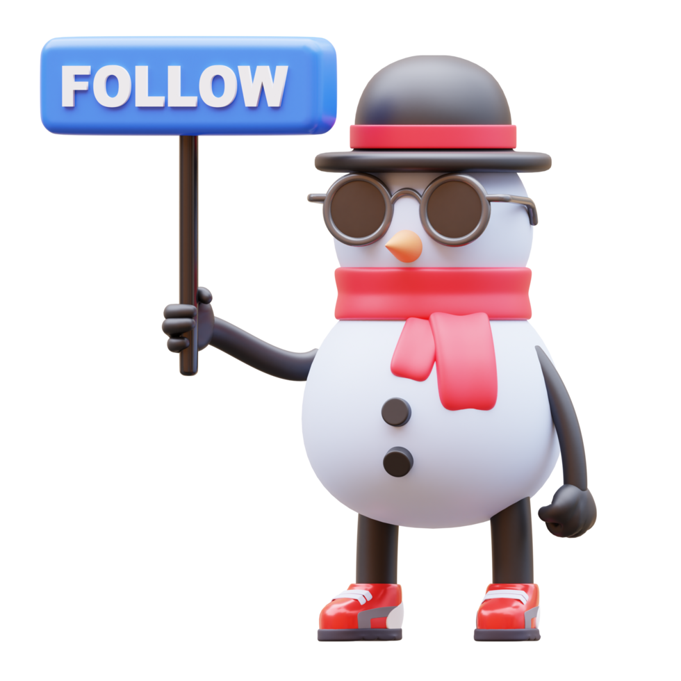 3D Snowman Character Holding Follow Sign png