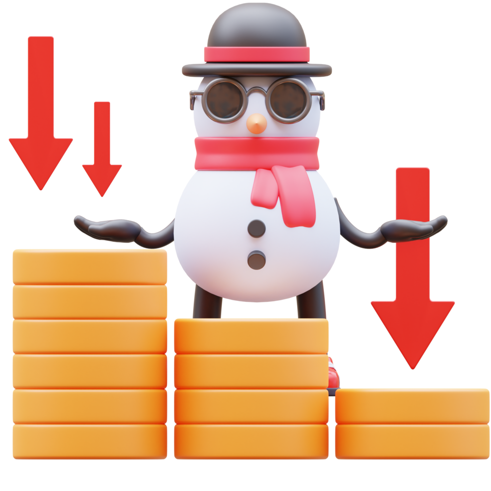 3d sneeuwman karakter tonen geld diagram vallend naar beneden png