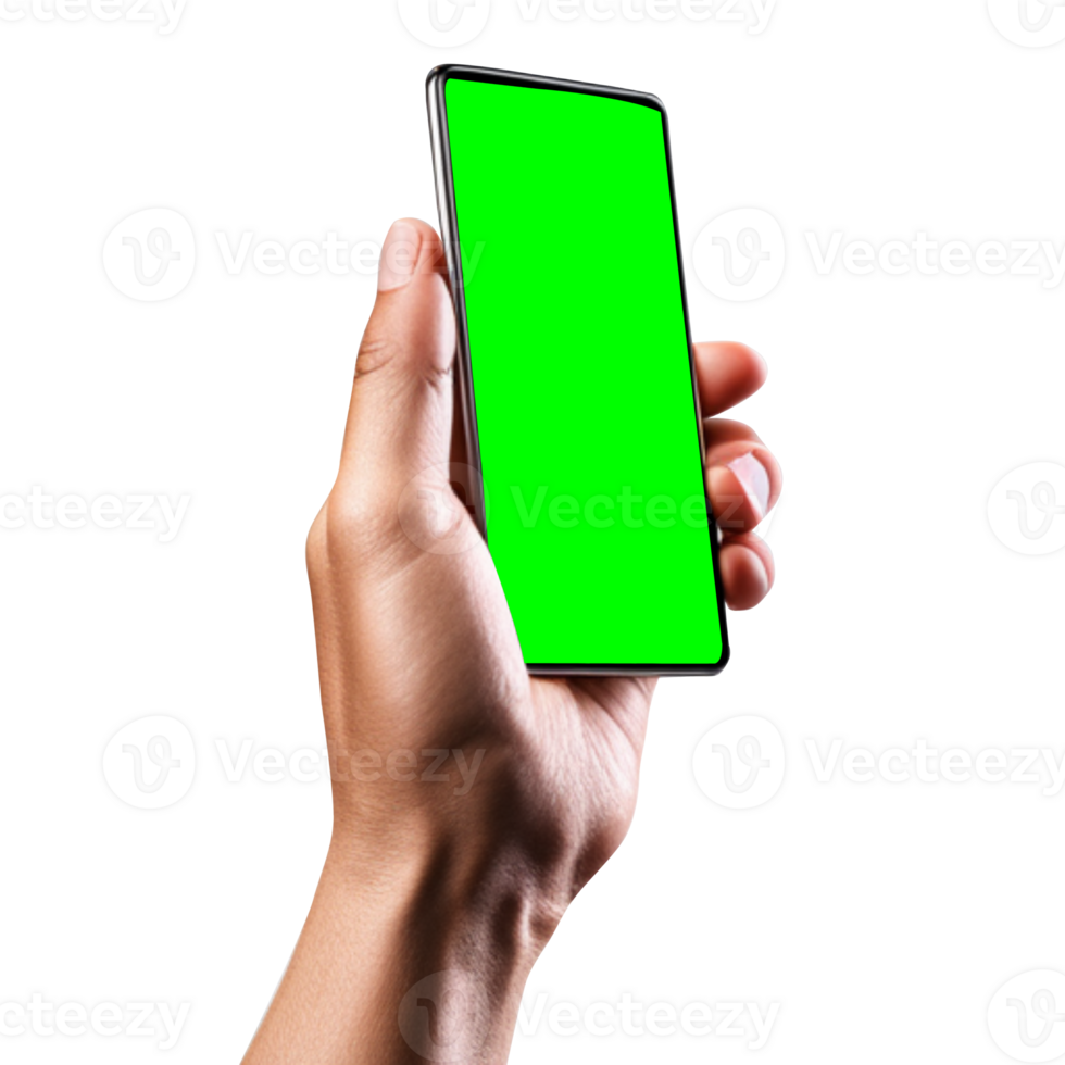 Hand holding smart phone Mockup and screen Transparent, Clipping Path isolated for Infographic Business web site design app, green screen png