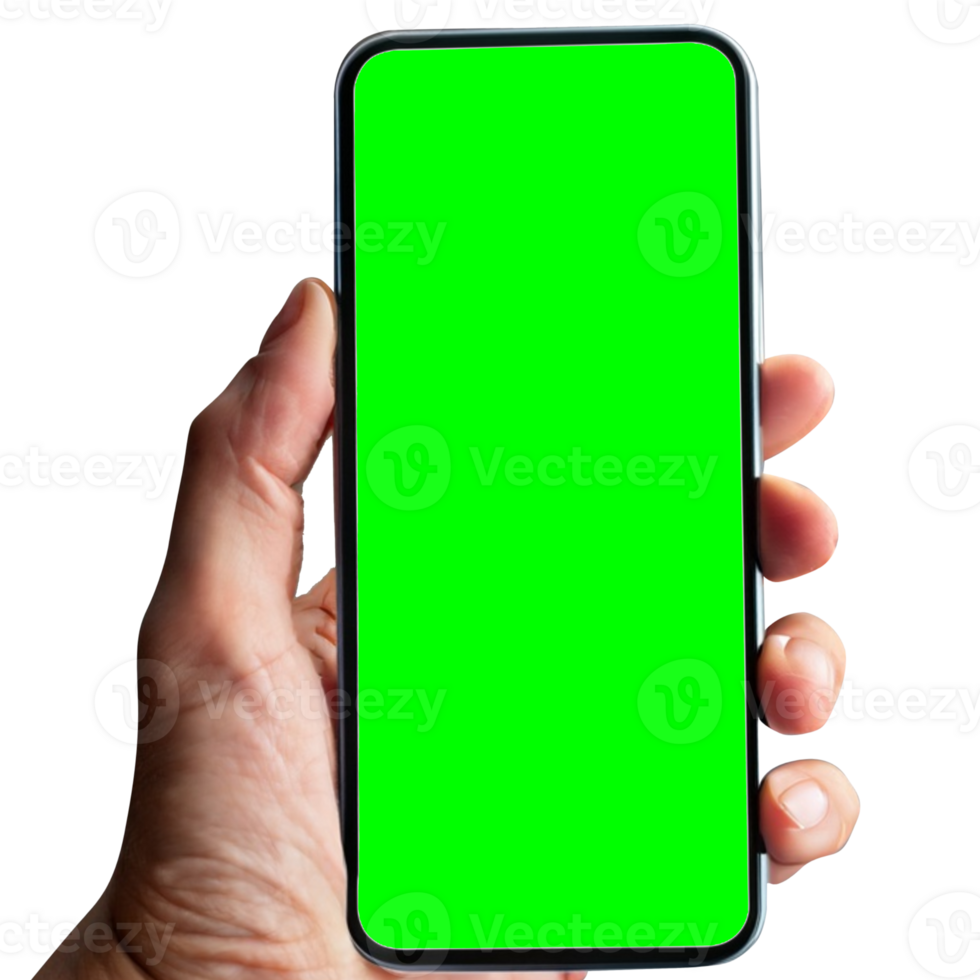 Hand holding smart phone Mockup and screen Transparent, Clipping Path isolated for Infographic Business web site design app, green screen png