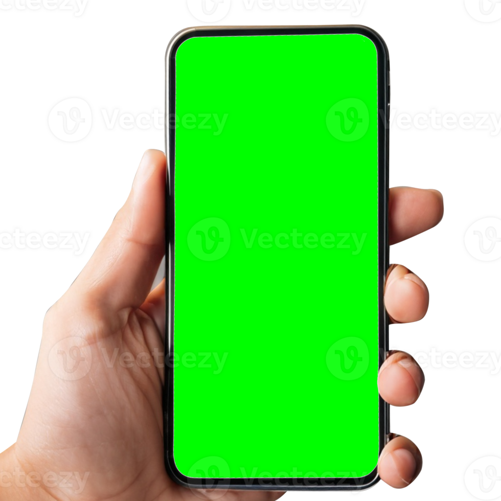 Hand holding smart phone Mockup and screen Transparent, Clipping Path isolated for Infographic Business web site design app, green screen png