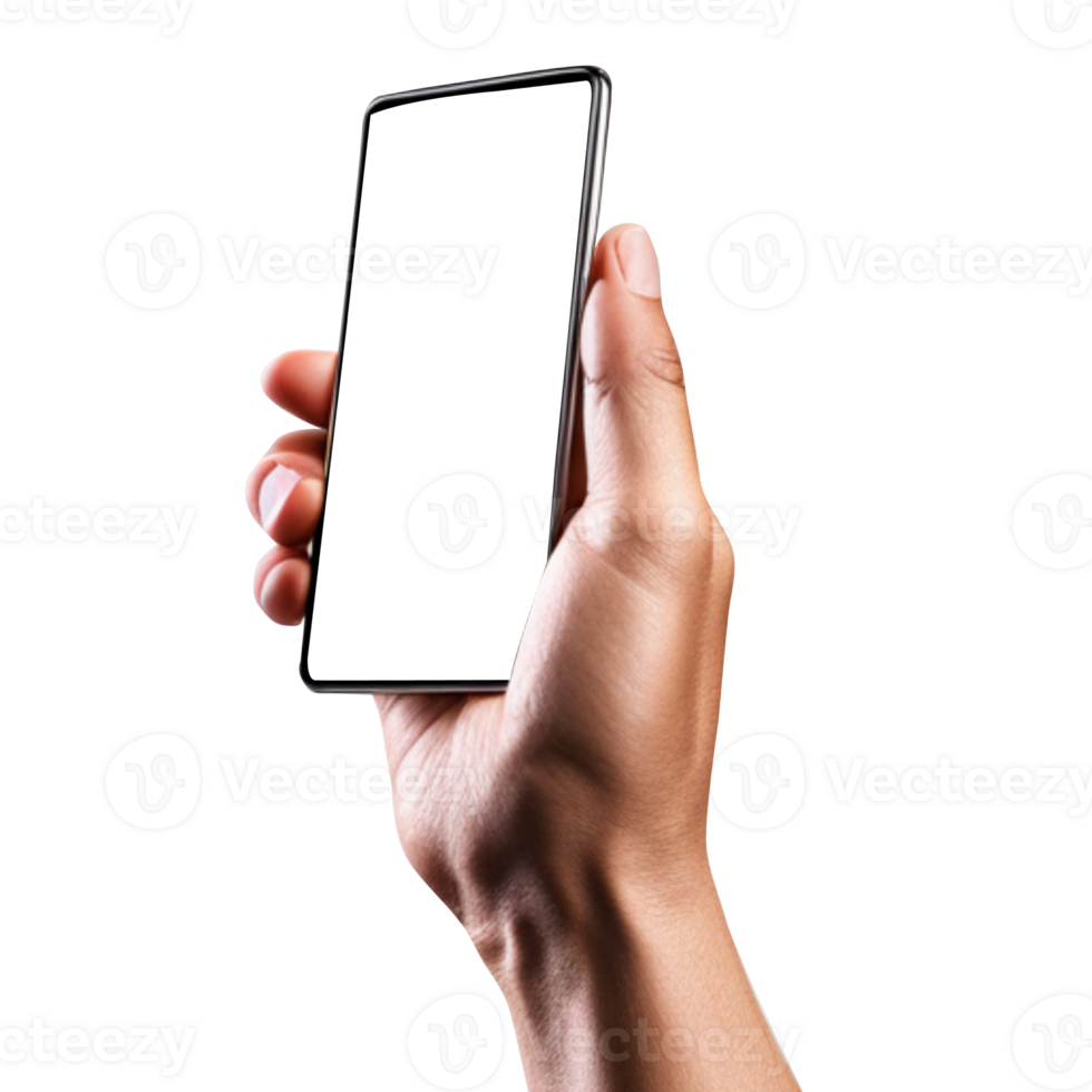 Hand holding smart phone Mockup and screen Transparent and Clipping Path isolated for Infographic Business web site design app png