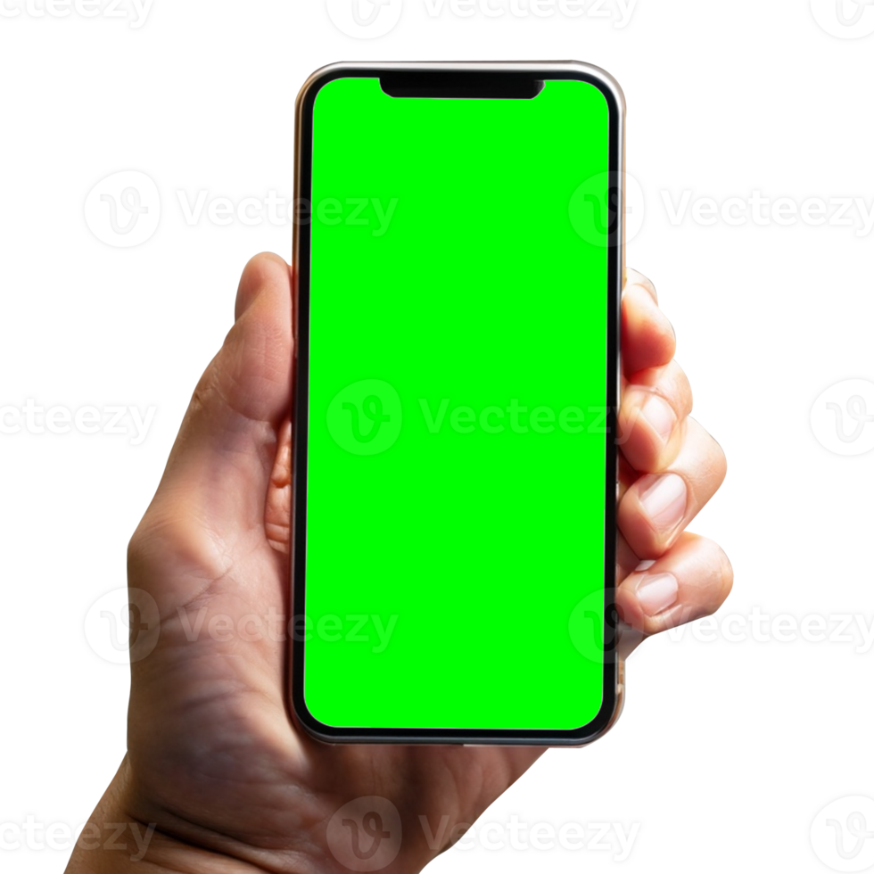 Hand holding smart phone Mockup and screen Transparent, Clipping Path isolated for Infographic Business web site design app, green screen png