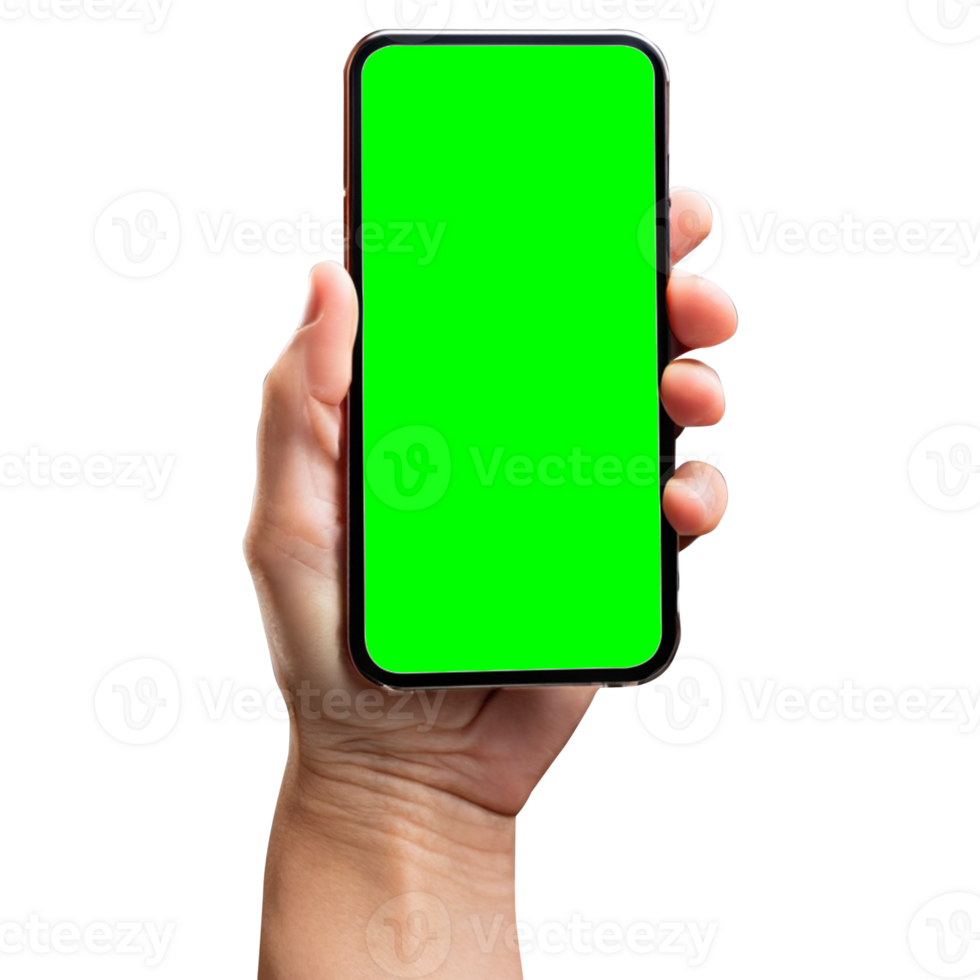 Hand holding smart phone Mockup and screen Transparent, Clipping Path isolated for Infographic Business web site design app, green screen png