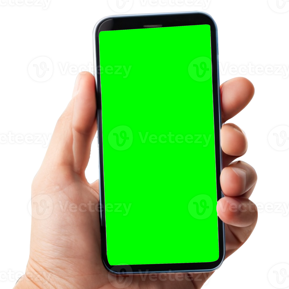Hand holding smart phone Mockup and screen Transparent, Clipping Path isolated for Infographic Business web site design app, green screen png