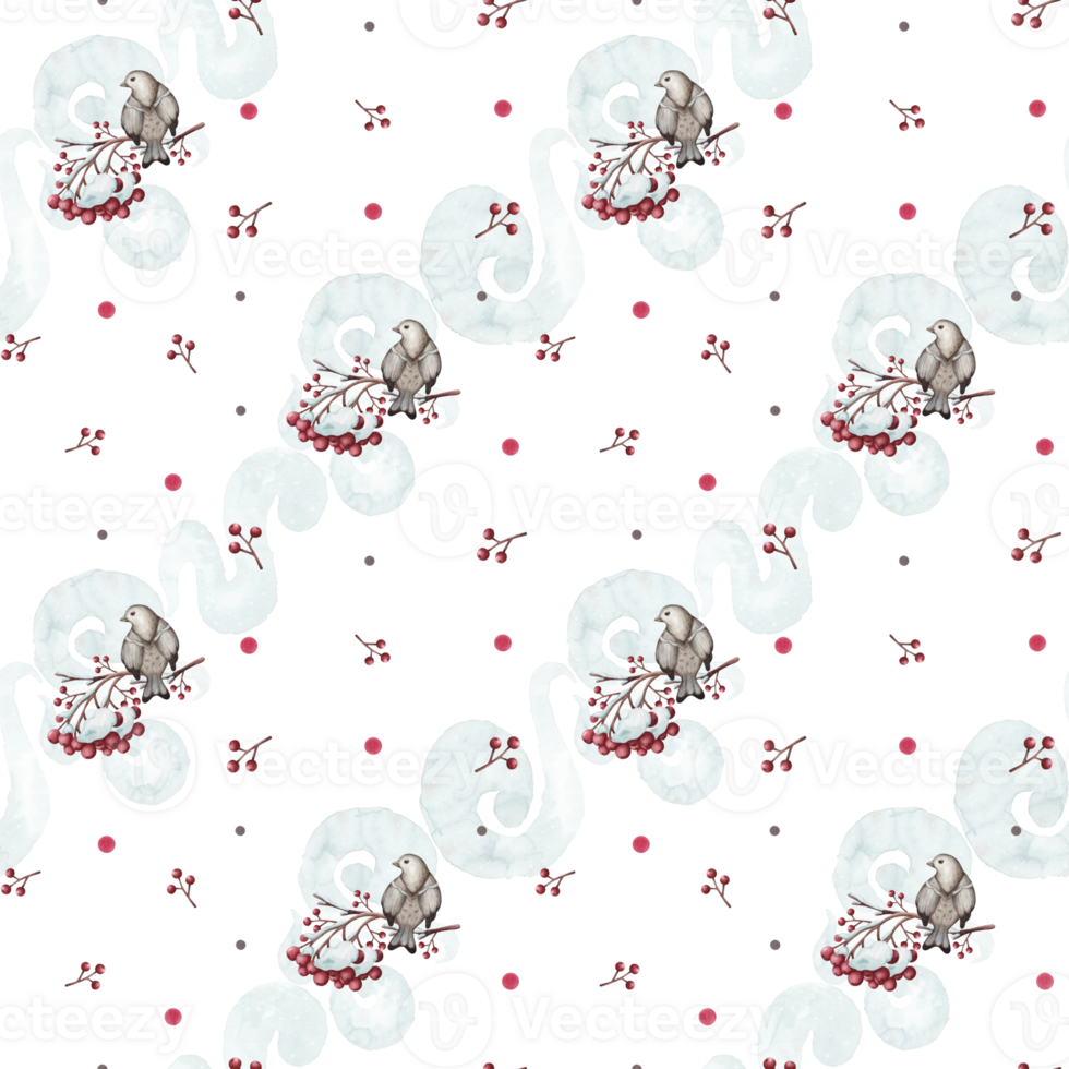 Seamless pattern with birds, snow-covered rowan branches and frost, hand-drawn in watercolor. png