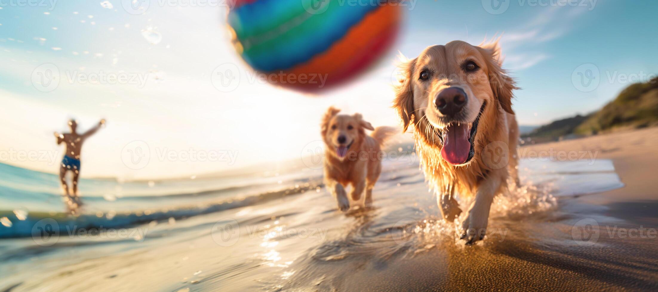 Activities with Dog on the Beach, an Active Young Man and His two Golden Retiever Dog Playing Beach Ball together by the Sea. Summer activities with Pet. Low angle view. photo