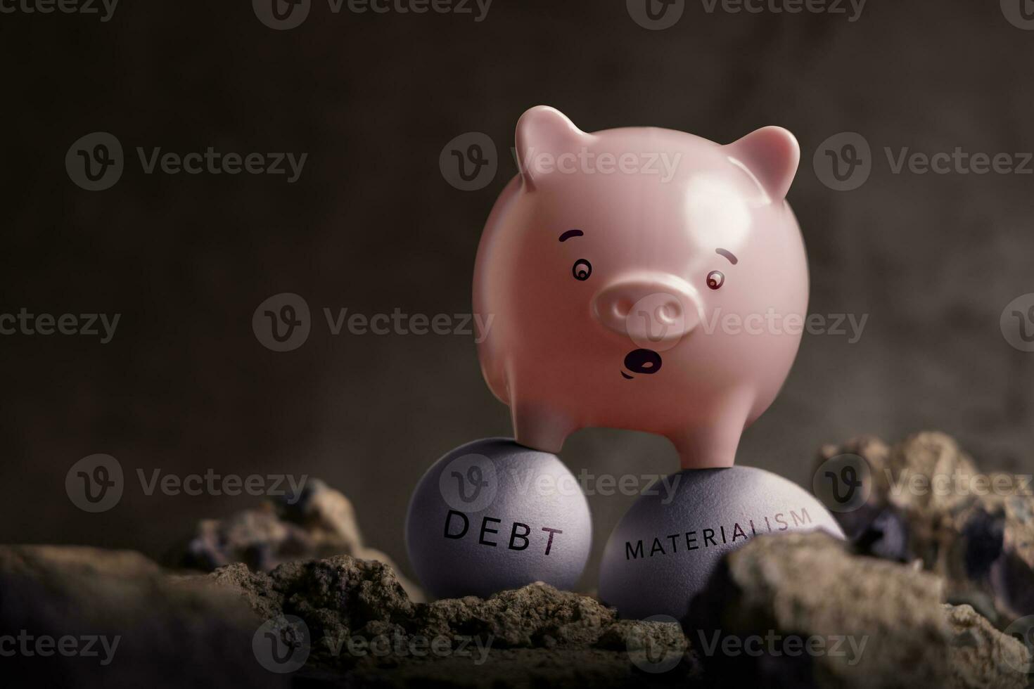 Enemies of Financial Success Concepts. Economic and Savings Crisis. a Pink Piggy Bank in Shocked Face on Unstable Ball of Debt  and Materialism. trying to pass through on the Rough Road photo
