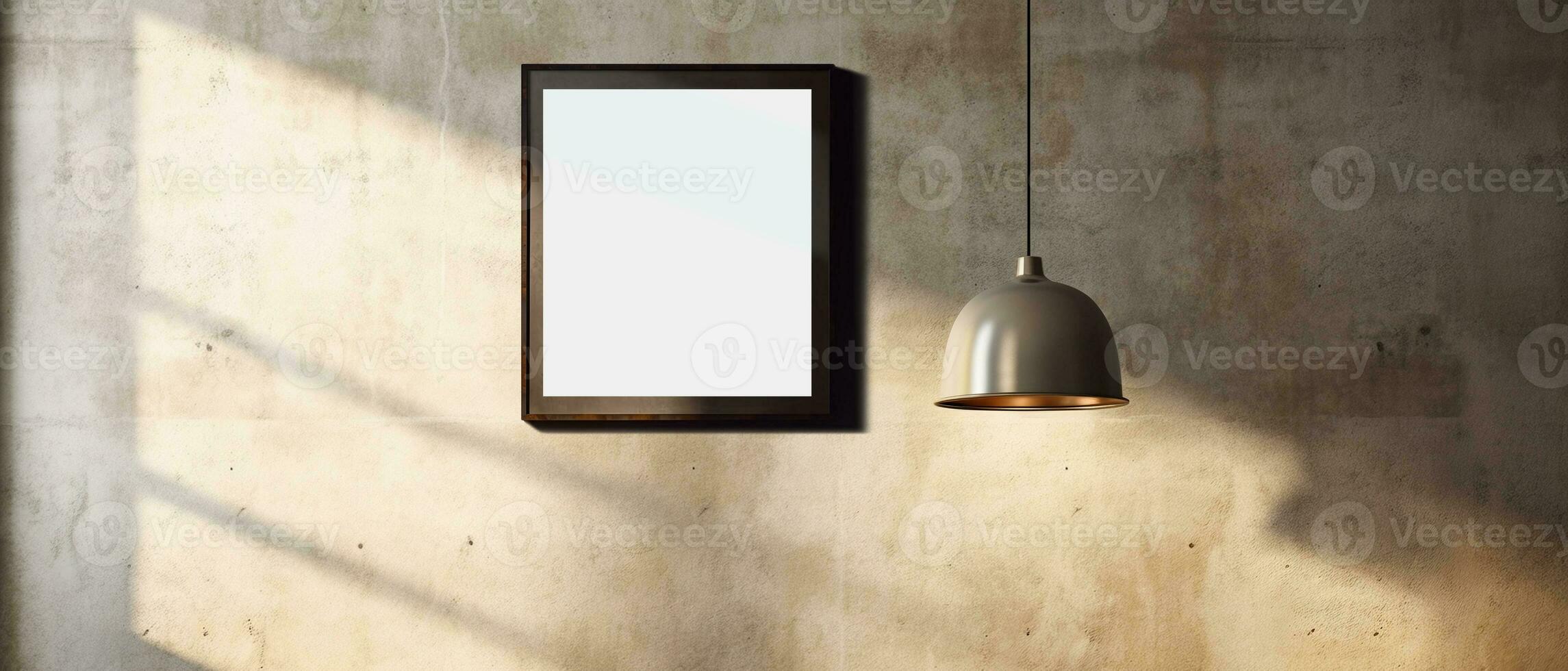 Mockup image of Photo Frame Hanging on the Concete Industrial Loft Wall, Sunlight Shining through the Window. Clipping Path included. Minimal Interoir Design. AI generative