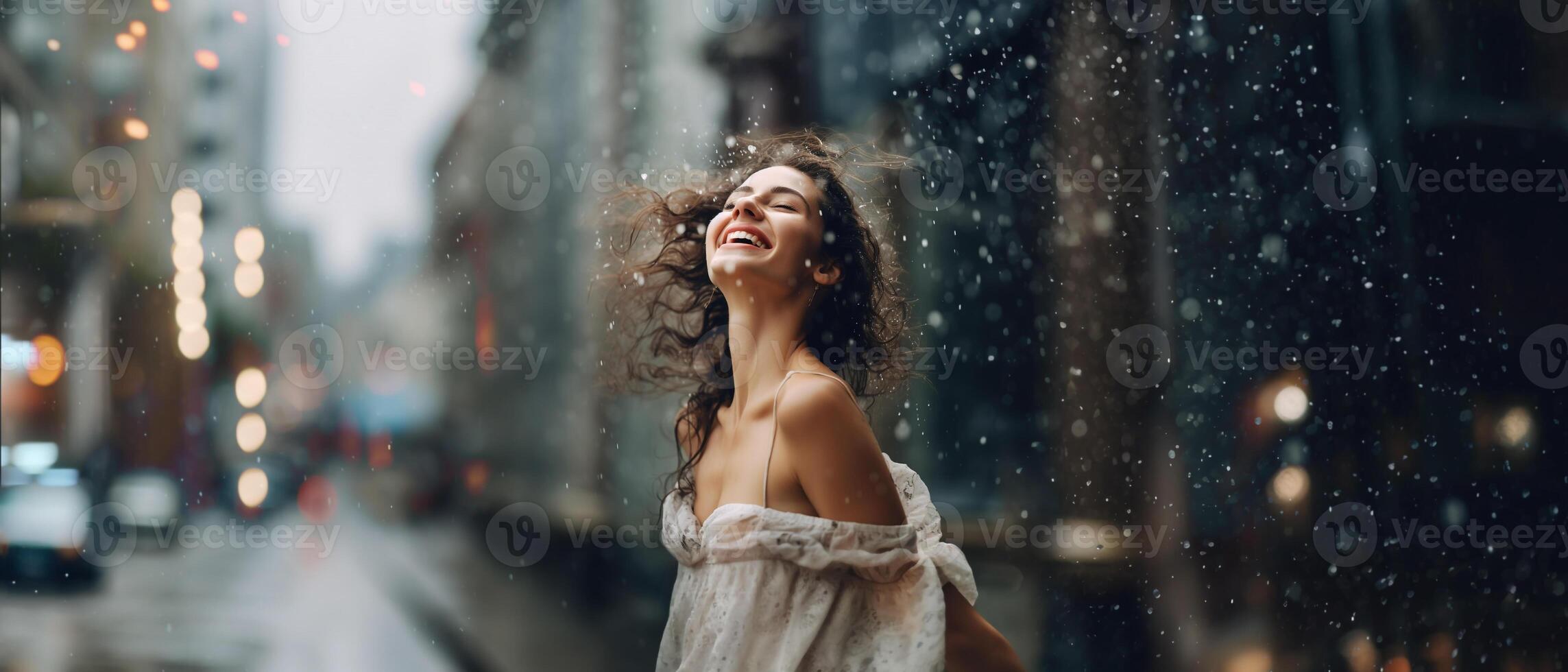 Treat and Healing Stressed Mind by Nature Concepts, a Happiness Carefree Female Joy and Pleased with the Rain in City. Engaging Body and Mind with Nature. Positive Mind. photo