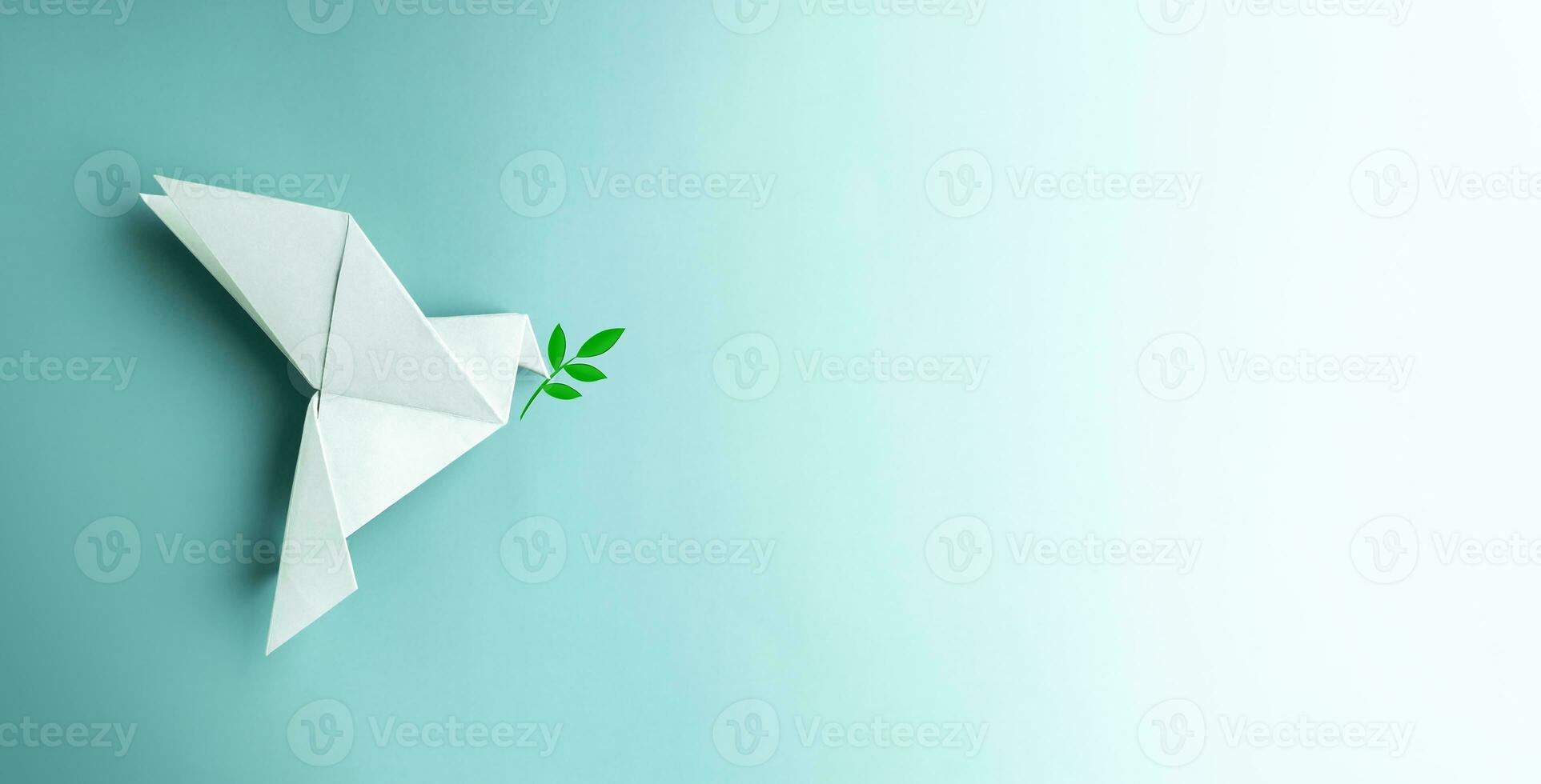 Peace,New Beginnings,Peace and Hope. A white dove Flying over the Blue background Holds an Olive Branch. World International Peace Day. a Fluttering Bird that brings Peaceful and Calm to the World photo