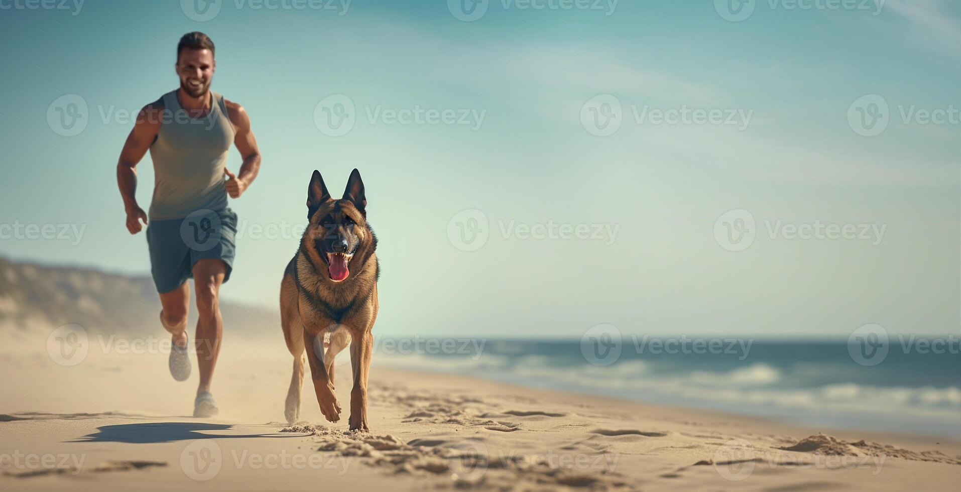 Activities with the Dog on the Beach, an Active Young Man and His German Shepherd Dog Jogging together by the Sea. Running Routine with Nature and Pet. Summer activities with Pet. photo