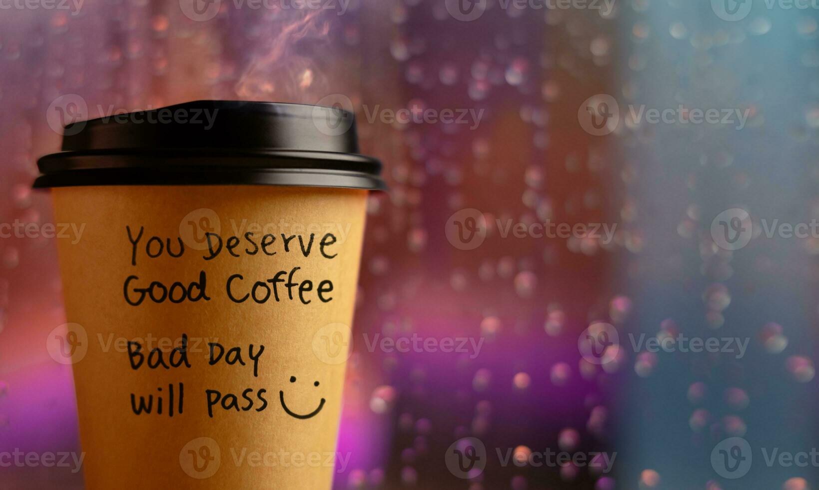 Mental Health, Comfortable and Encouragment Concept. Message on Coffee Cup to Healing Negative Mood on Bad Rainy Day photo
