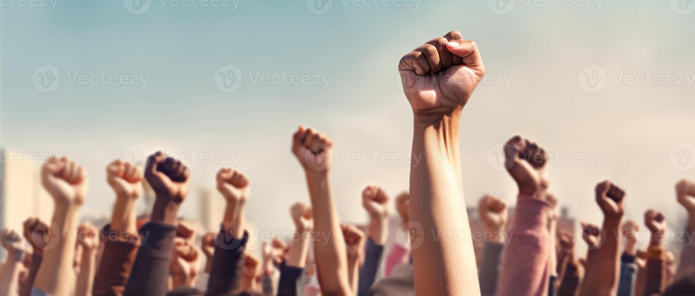 protesta, multitud, expresión y Huelga concepto. personas aumento arriba puño manos dentro el cielo. cinematográfico tono. ai generativo foto