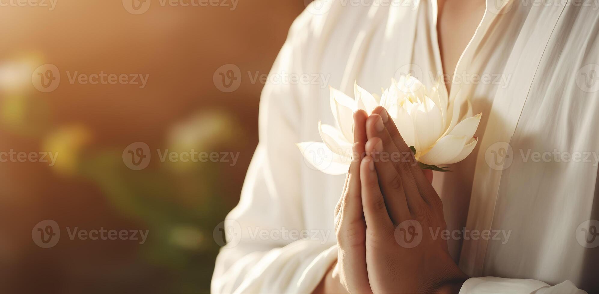 A Buddhist Man in a White Robe is Praying and Holding a Blooming Lotus Flower in his Hands on his Chest. Warm Natural Light Shading on. photo