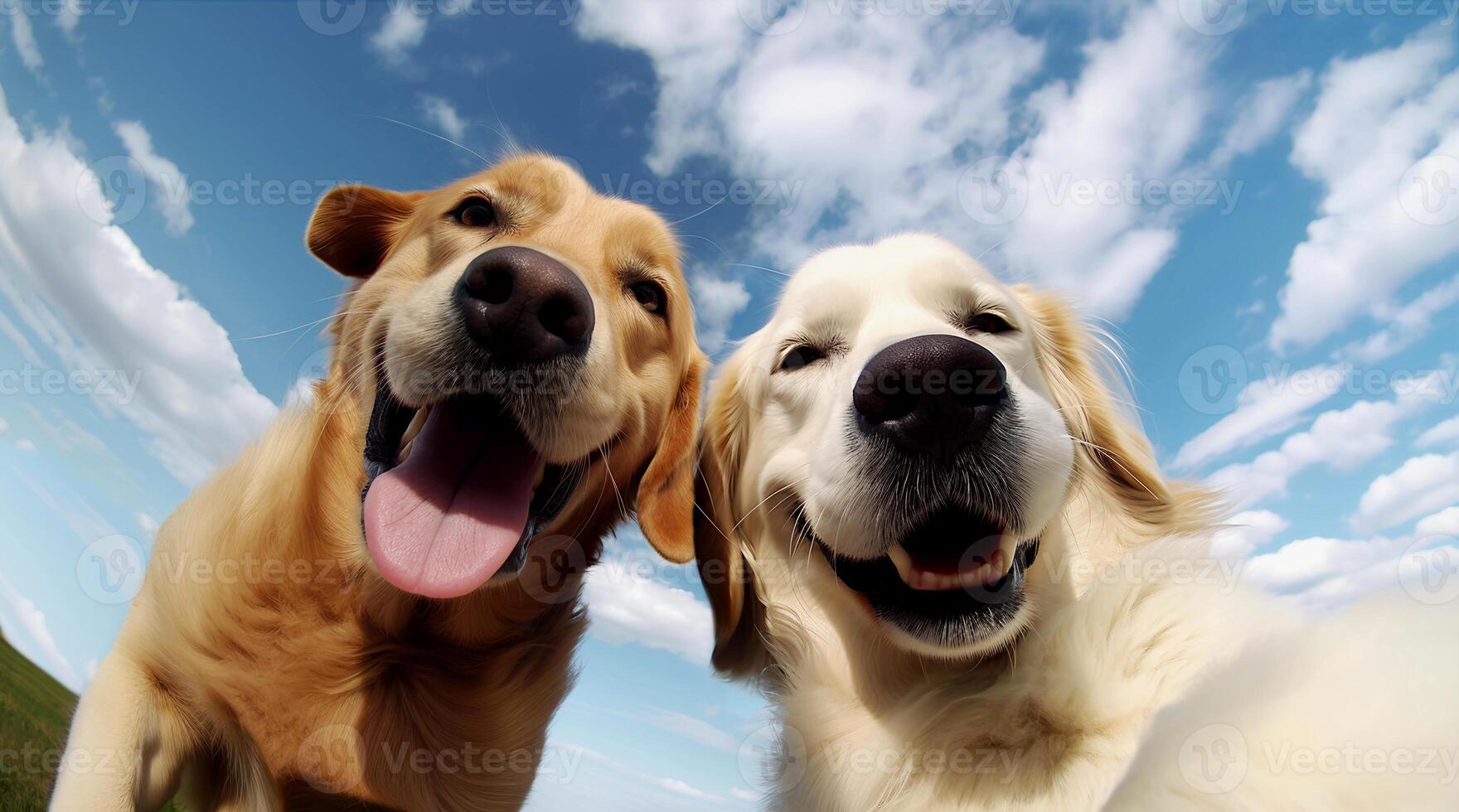 Happy and  Funny Animal Conceptual Photo. Surealistic Photo of Two Smiling Cute Golden Retriever Dogs taking Selfie Together in Sunny Day, Cloudy blue sky as background. AI generative