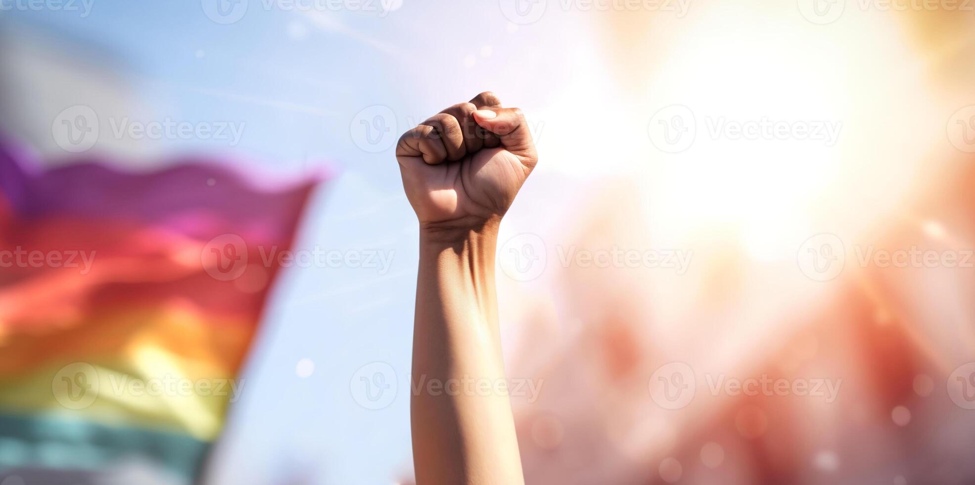 Protest, Mob, Expression and Strike for LGBTQ Rights Concept. Person Raise Up a Fist Hand into the Sky. blurred Rainbow Pride Flag as background. Cinematic Tone. photo