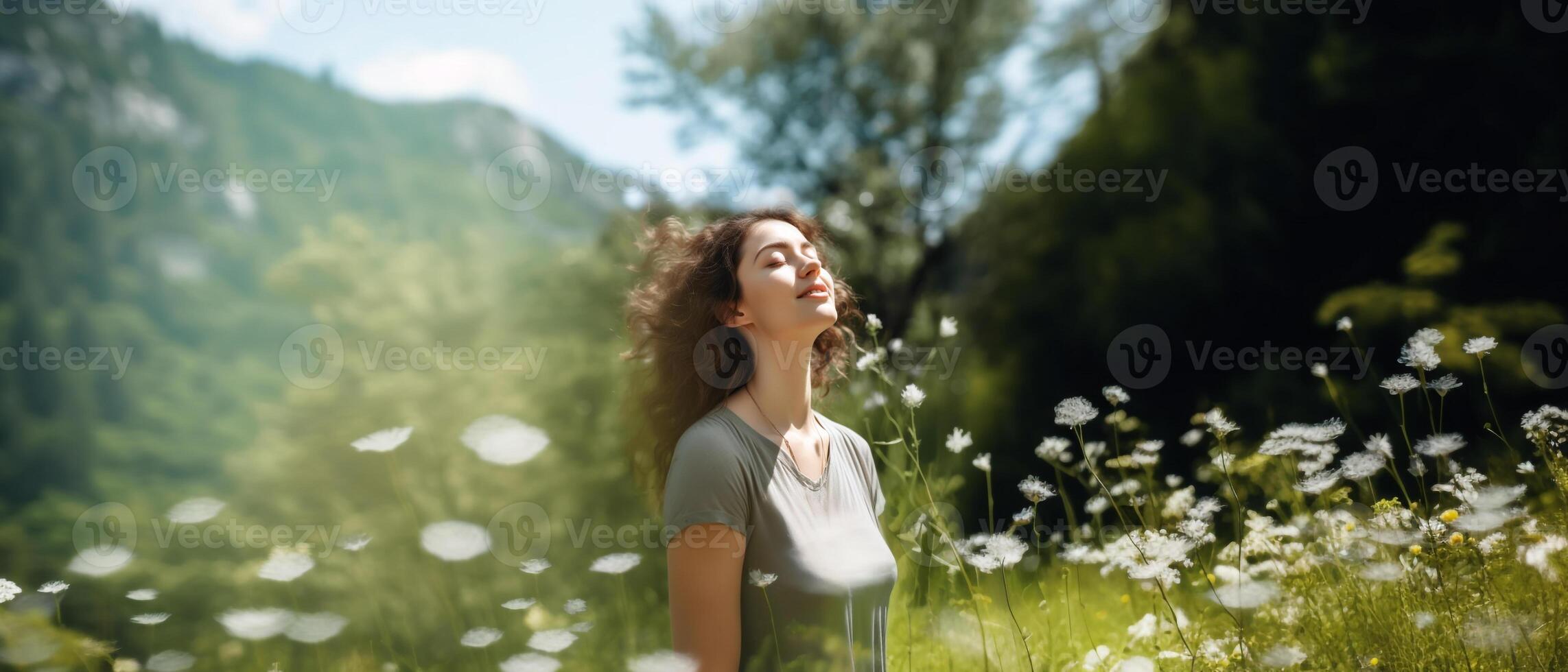 armonía, cerca a naturaleza conceptos, un joven hembra tomar profundo respiración Fresco aire en el salvaje flores prado de verde bosque. atractivo cuerpo y mente con naturaleza, concepto de calma, ai generativo foto