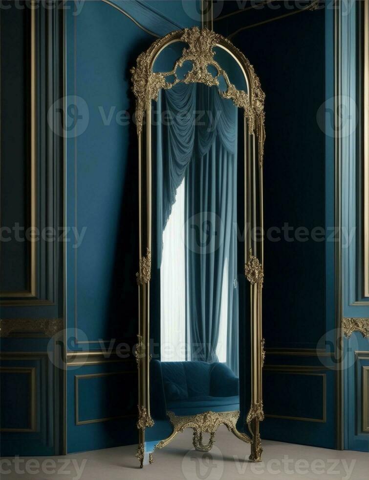 stylish mirror with gold frame in a dark blue room illustration photo