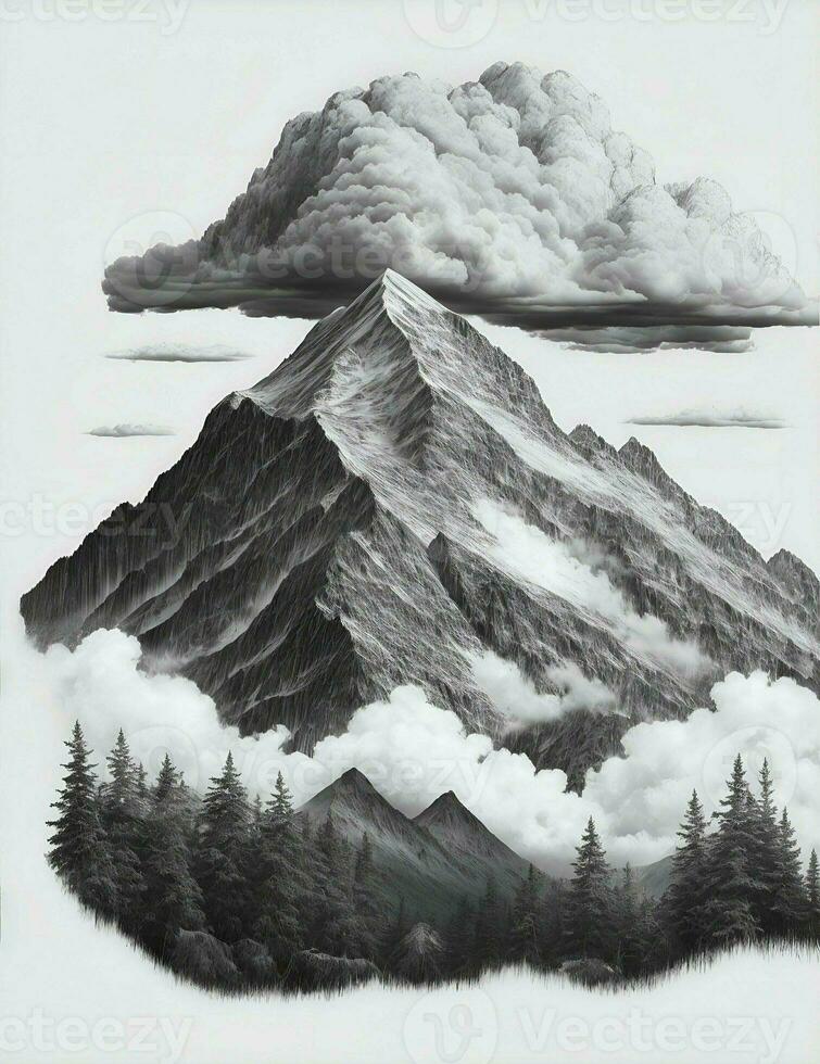 mountains, trees with clouds engraving style illustration photo