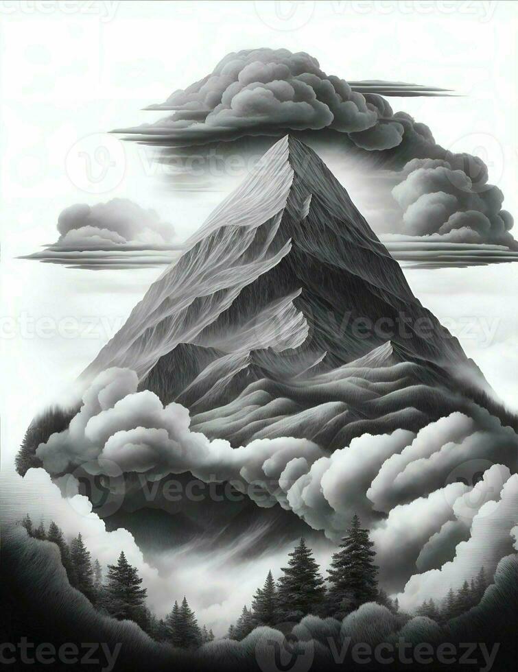 montañas, arboles con nubes grabado estilo ilustración foto