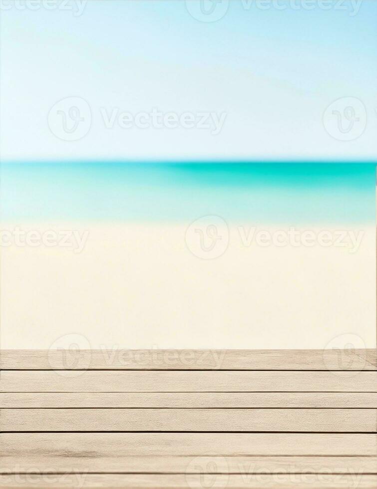 wooden table top with blurred beach background, can be used to display your product illustration photo