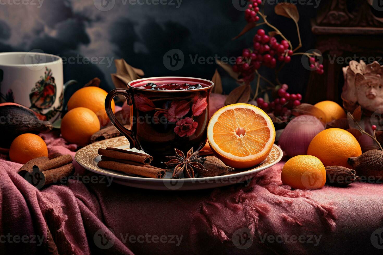 Christmas mulled red wine with spices and fruits. Traditional hot drink at Christmas time. Festive mood Generative AI photo