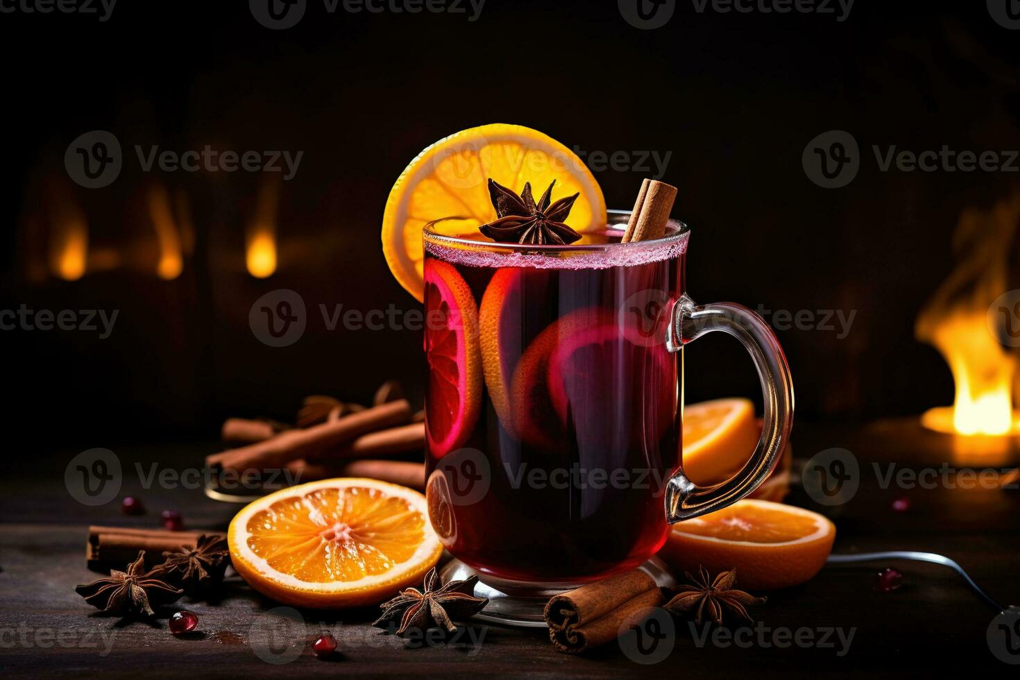 Christmas mulled red wine with spices and fruits. Traditional hot drink at Christmas time. Festive mood Generative AI photo