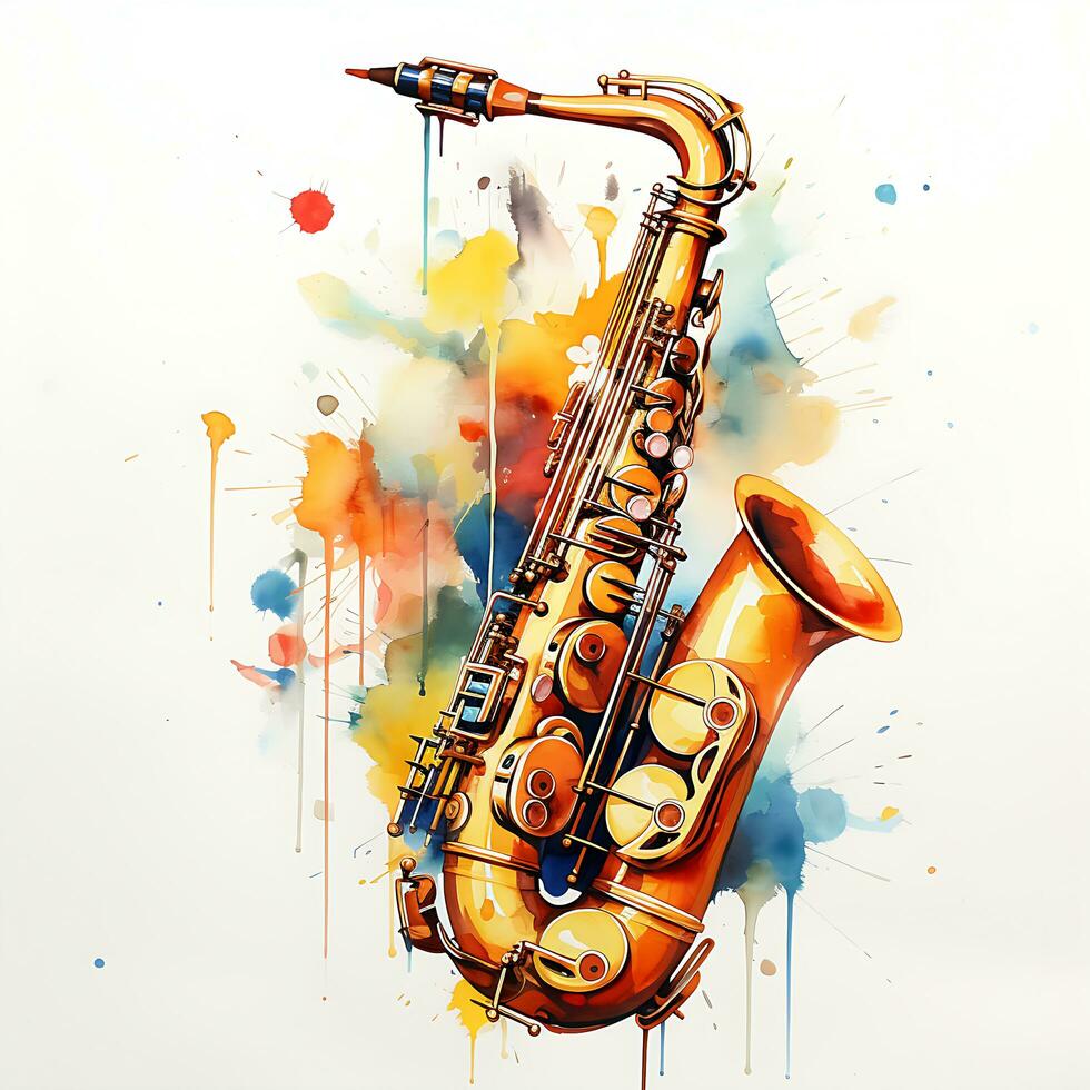 Watercolor saxophone illustration colorful vector white background photo