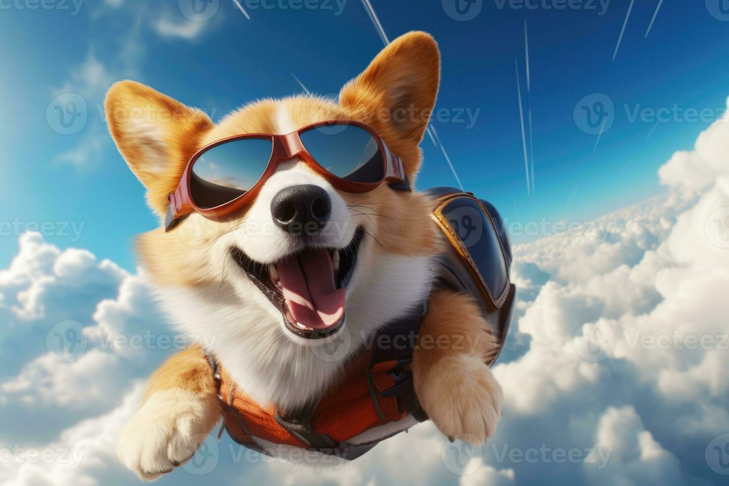 A corgi dog jumps with a parachute. AI generated photo