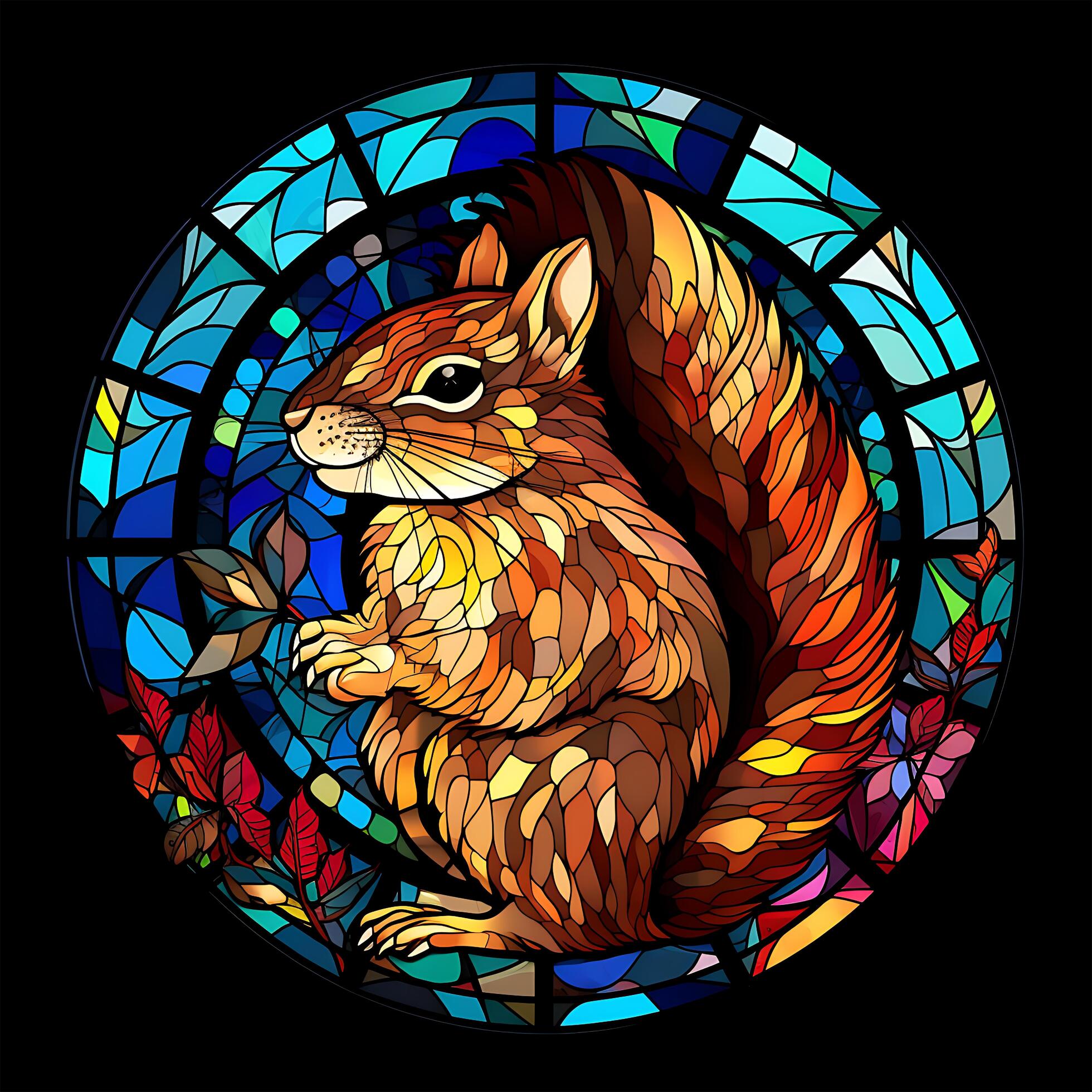 Squirrel Stained Glass window illustration art Sunglass circle shape