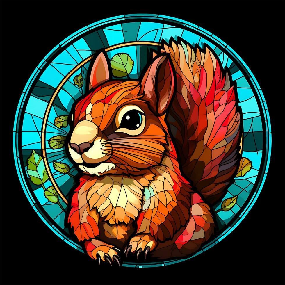 Squirrel Stained Glass window illustration art Sunglass circle shape vector background photo