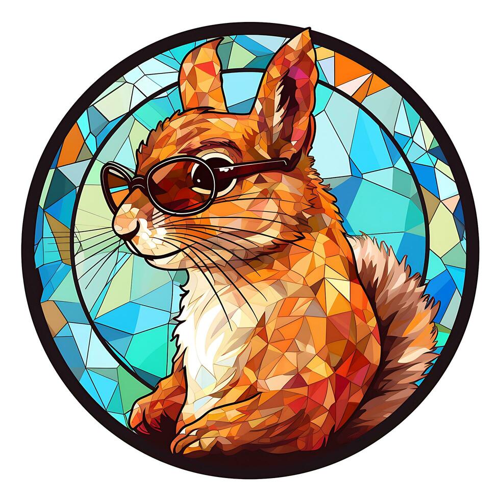 Squirrel Stained Glass window illustration art Sunglass circle shape vector background photo