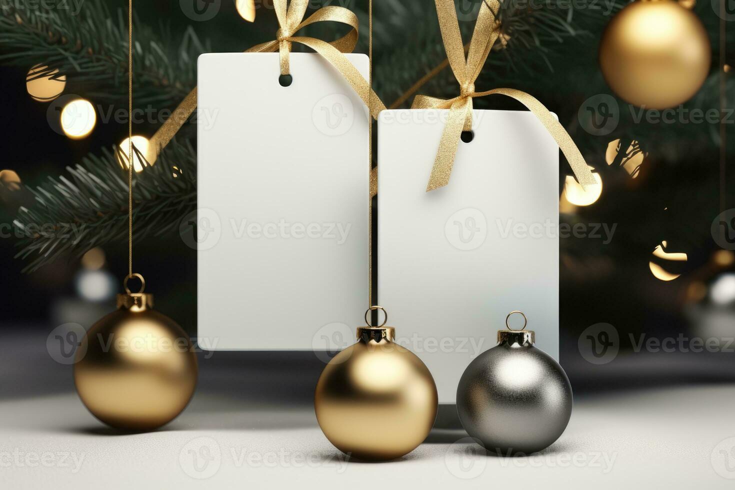 The layout of the white card lies on a gift box on a New Year's table with branches photo