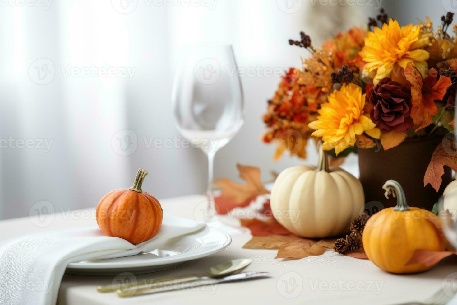 Festive autumn table setting for Thanksgiving with decorations made of natural plants. AI generated photo