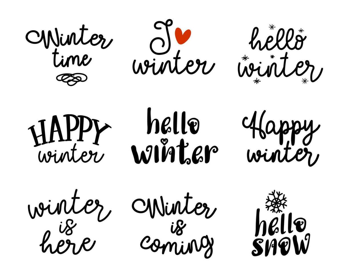 Hand drawn simple lettering set with winter phrases for banner, greeting card, decor, poster, sticker, print. Vector lettering on a white background.Inspiration handwritten calligraphy.