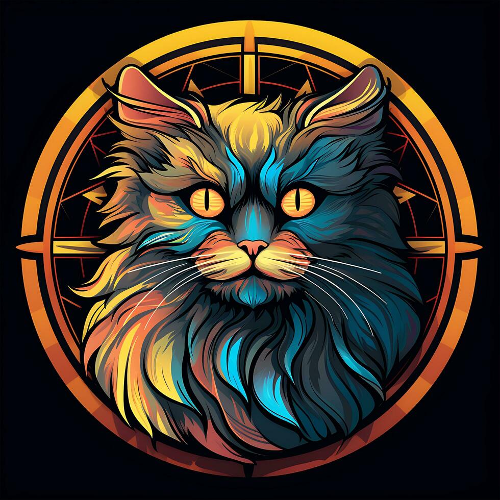 There is a Cat Face Stained Glass illustration art circle shape vector generative ai photo