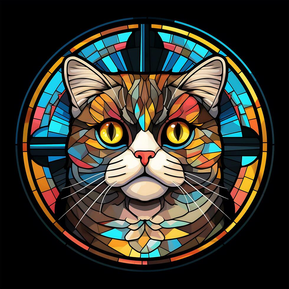 There is a Cat Face Stained Glass illustration art circle shape vector generative ai photo